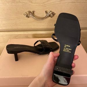 Gloria Vanderbilt mod patent vegan square toe heels slides mules sandals y2k